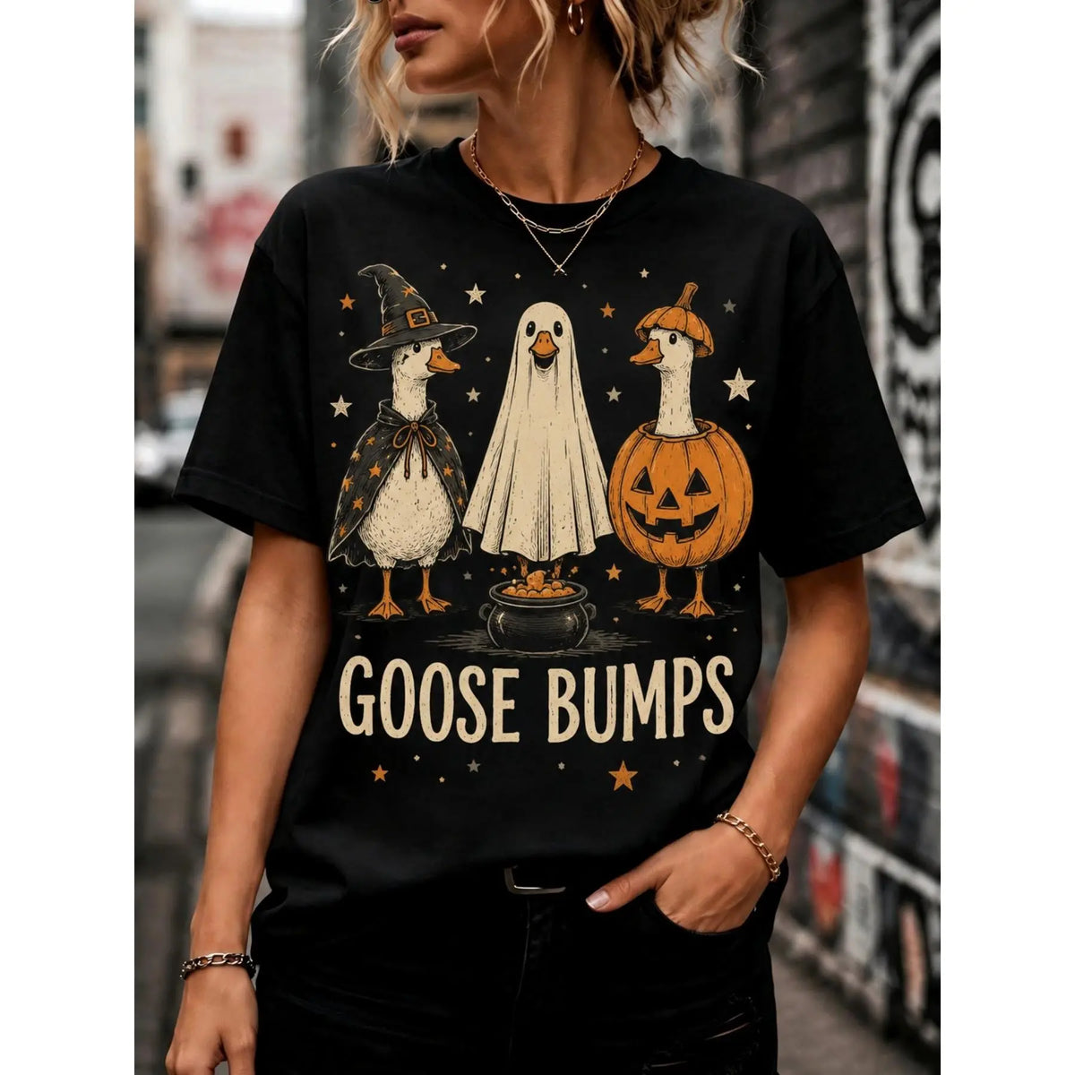 Halloween Goose Theme Short Sleeve T shirt Retro Humorous Crew Neck Casual Top With Witch Ghost Pumpkin Prints Regular Fit
