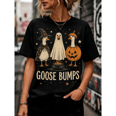 Halloween Goose Theme Short Sleeve T shirt Retro Humorous Crew Neck Casual Top With Witch Ghost Pumpkin Prints Regular Fit