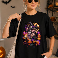 Halloween Witch T-Shirt for Women, Gothic Black Cat Pumpkin Graphic Tee, Spooky Skeleton Witch Bats Skull Jack O Lantern Casual Top