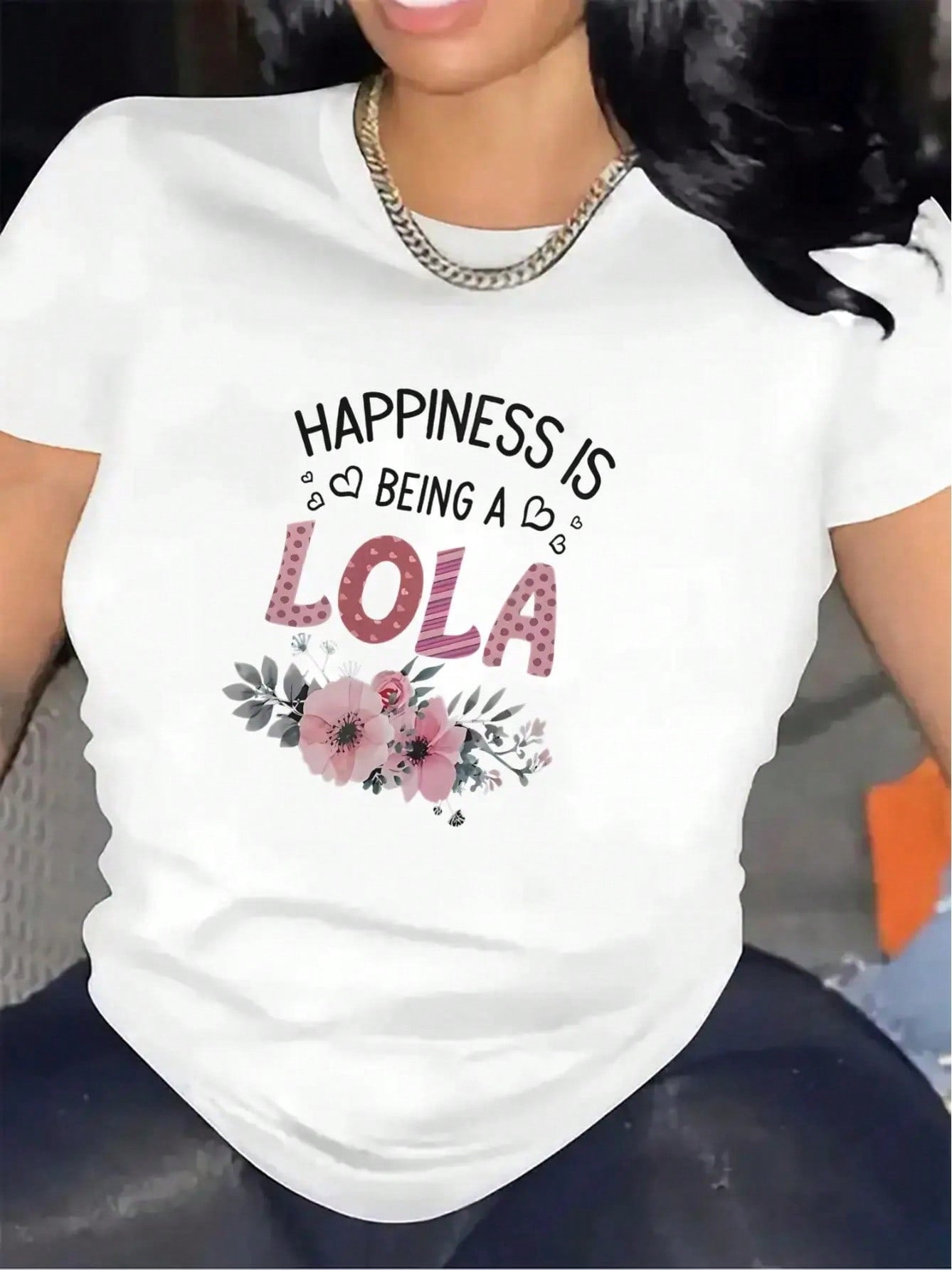 Happiness Is Being A Lola Graphic Crew Neck Tee Black Floral Short Sleeve Top