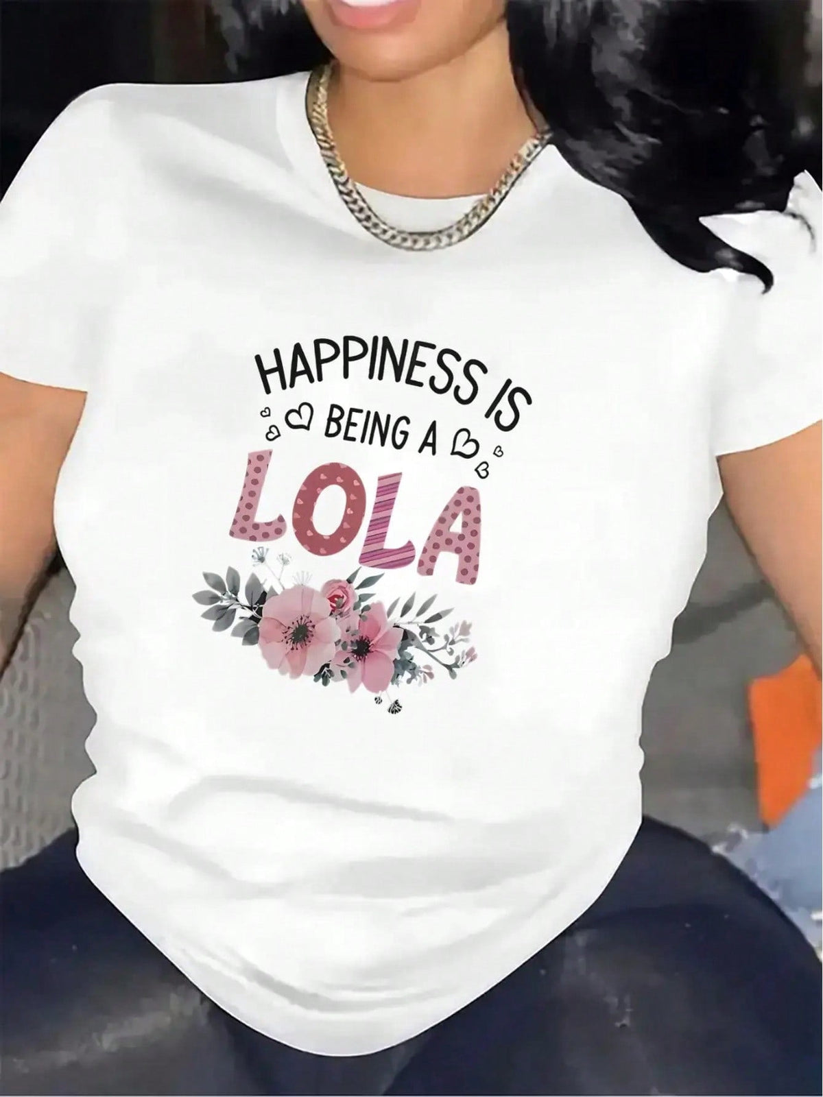 Happiness Is Being A Lola Graphic Crew Neck Tee Black Floral Short Sleeve Top