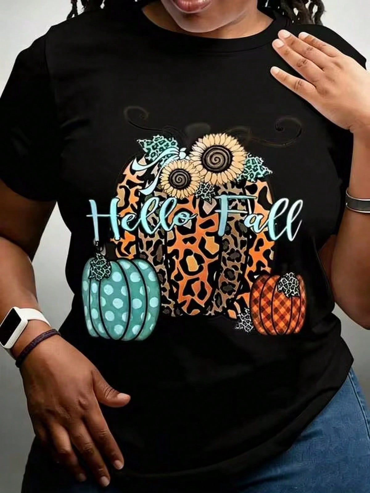 Hello Fall Leopard Pumpkin Design Graphic Tee Suitable Casual Sportswear