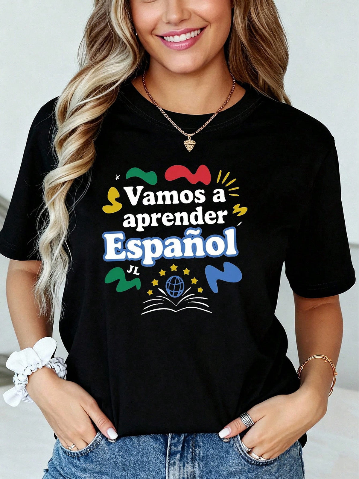 Lets Learn Spanish Print Short Sleeve Tee Summer Casual Crew Neck Top