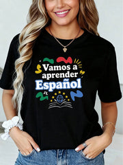 Lets Learn Spanish Print Short Sleeve Tee Summer Casual Crew Neck Top