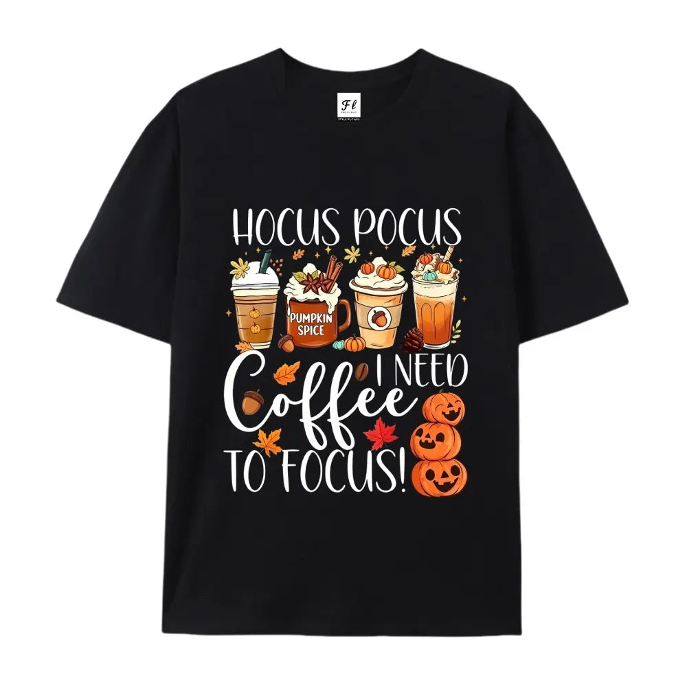 Men's Fall Pumpkin Teacher Round Neck T-Shirt - Funny Print, Heavyweight Cotton, Retro Casual, Hocus Pocus Coffee Focus Design