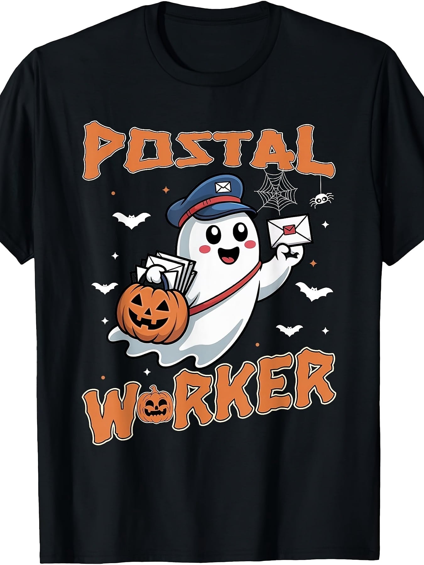Postal Worker Ghost Pumpkin Happy Halloween Graphic Tee for Men Women, Cute Spooky Mail Carrier Short Sleeve T-Shirt, Casual Crew Neck Top for Post Office Staff Gift