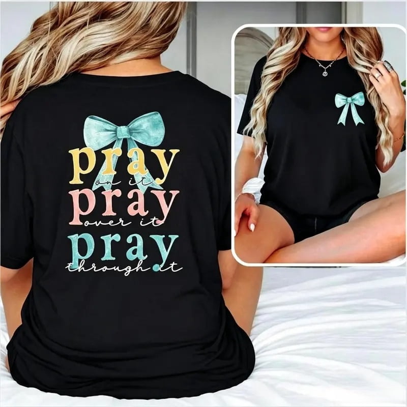 Pray Bow Graphic Crew Neck Tee Bible Verse Two Sided Print Cotton Top