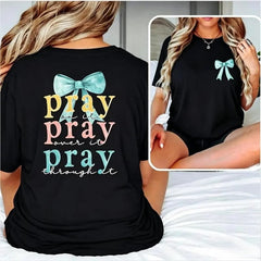 Pray Bow Graphic Crew Neck Tee Bible Verse Two Sided Print Cotton Top
