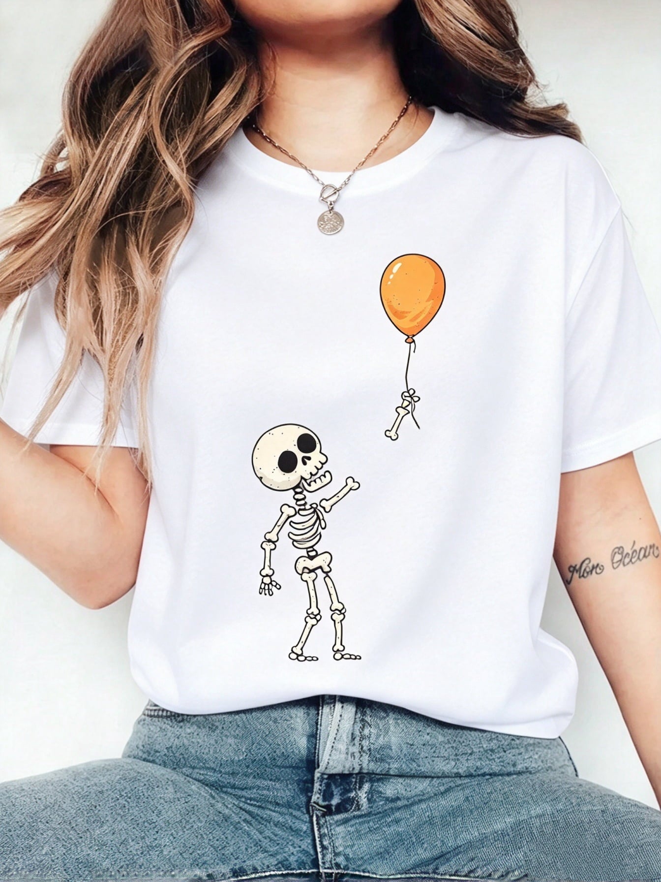 Skeleton Holding Orange Balloon Unisex Graphic T-Shirt, Funny Halloween Spooky Casual Tee