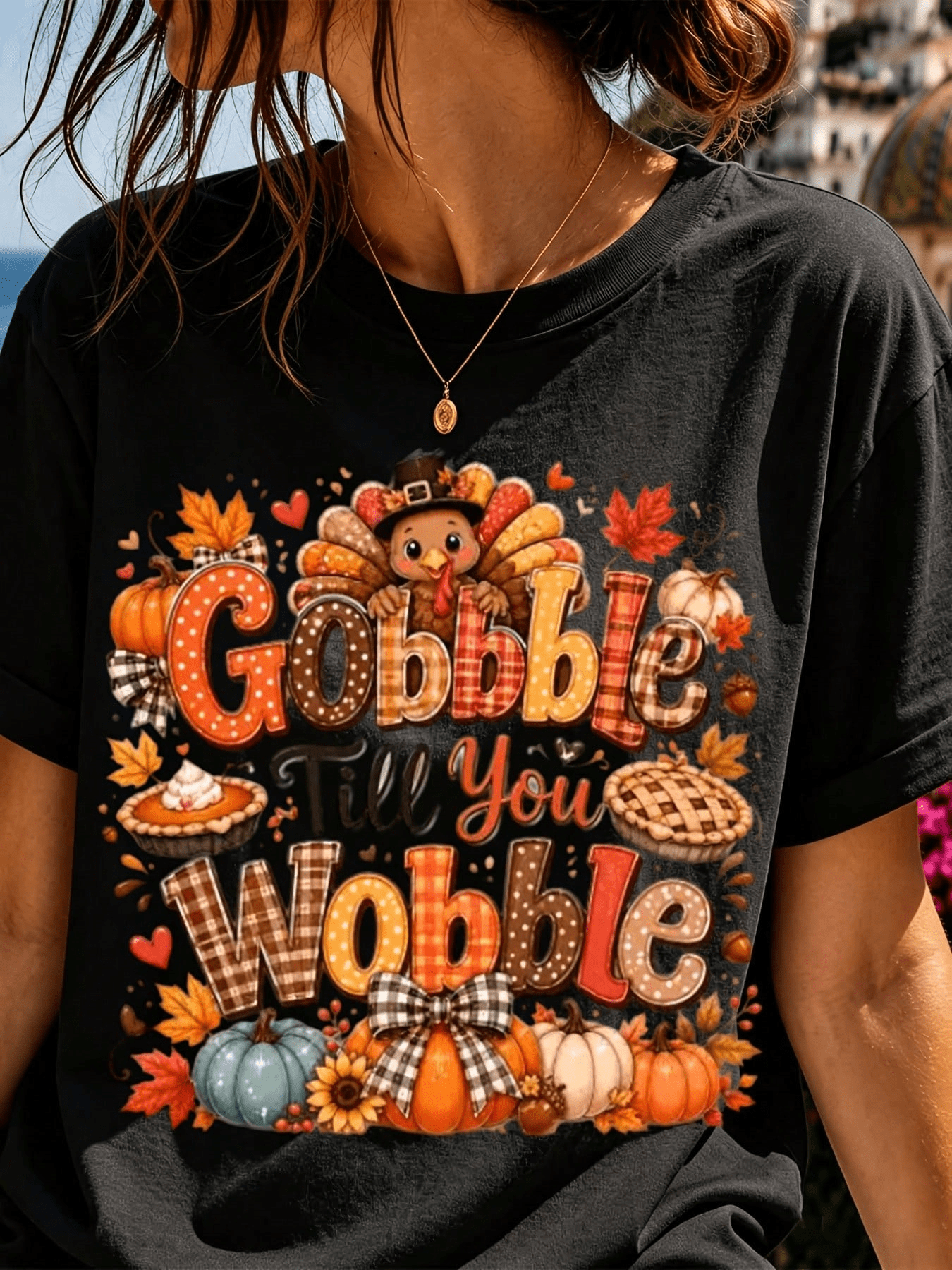 Women Casual Thanksgiving T Shirt White Gobble Till You Wobble Turkey Pumpkin Pie Print Top For Autumn Holiday Party Gift