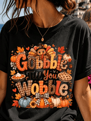 Women Casual Thanksgiving T Shirt White Gobble Till You Wobble Turkey Pumpkin Pie Print Top For Autumn Holiday Party Gift
