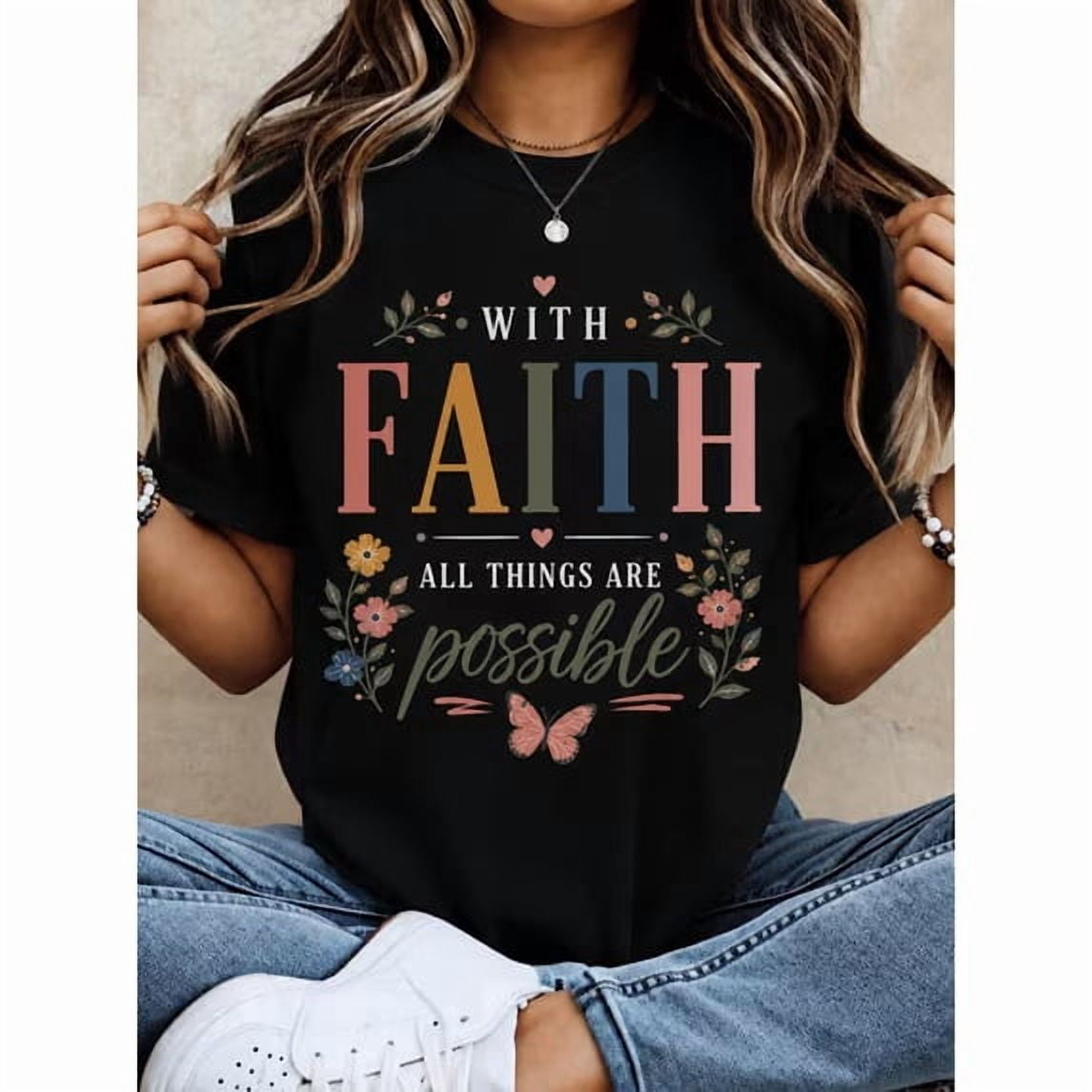 With God All Things Are Possible Floral Leopard Print T Shirt Women Christian Inspirational Quote Cute Summer Top White Casual Tee
