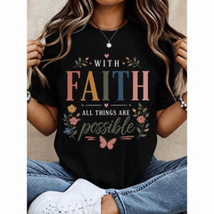 With God All Things Are Possible Floral Leopard Print T Shirt Women Christian Inspirational Quote Cute Summer Top White Casual Tee