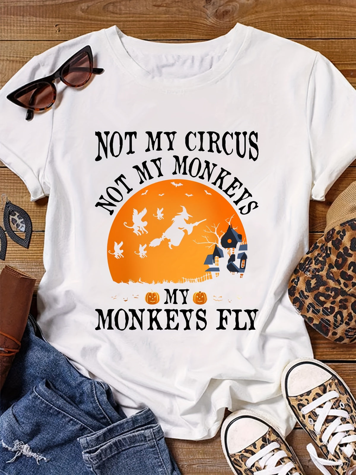 Funny Halloween Quote Shirt, My Monkeys Fly, Witch Broomstick, Pumpkin Moon, Halloween Party Tee, Casual Fall Top, Gift for Her, Trendy Halloween Shirt