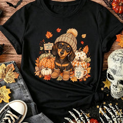 Women’s Cute Dachshund Pumpkin Patch T‑Shirt, Hello Fall Autumn Maple Leaf Graphic Crew Neck Casual Thanksgiving Seasonal Short Sleeve Top