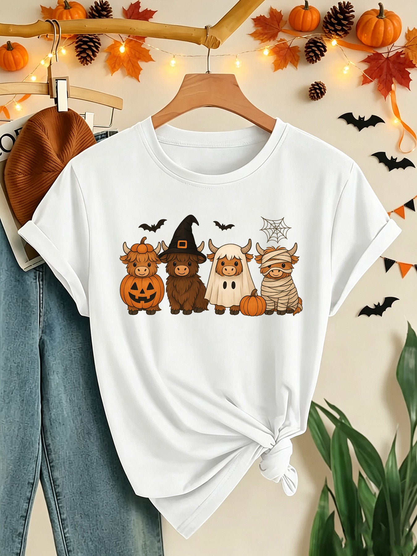 Halloween Highland Cow Print Round Neck Style Retro Daily Versatile Casual TShirt