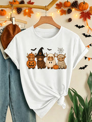 Halloween Highland Cow Print Round Neck Style Retro Daily Versatile Casual TShirt