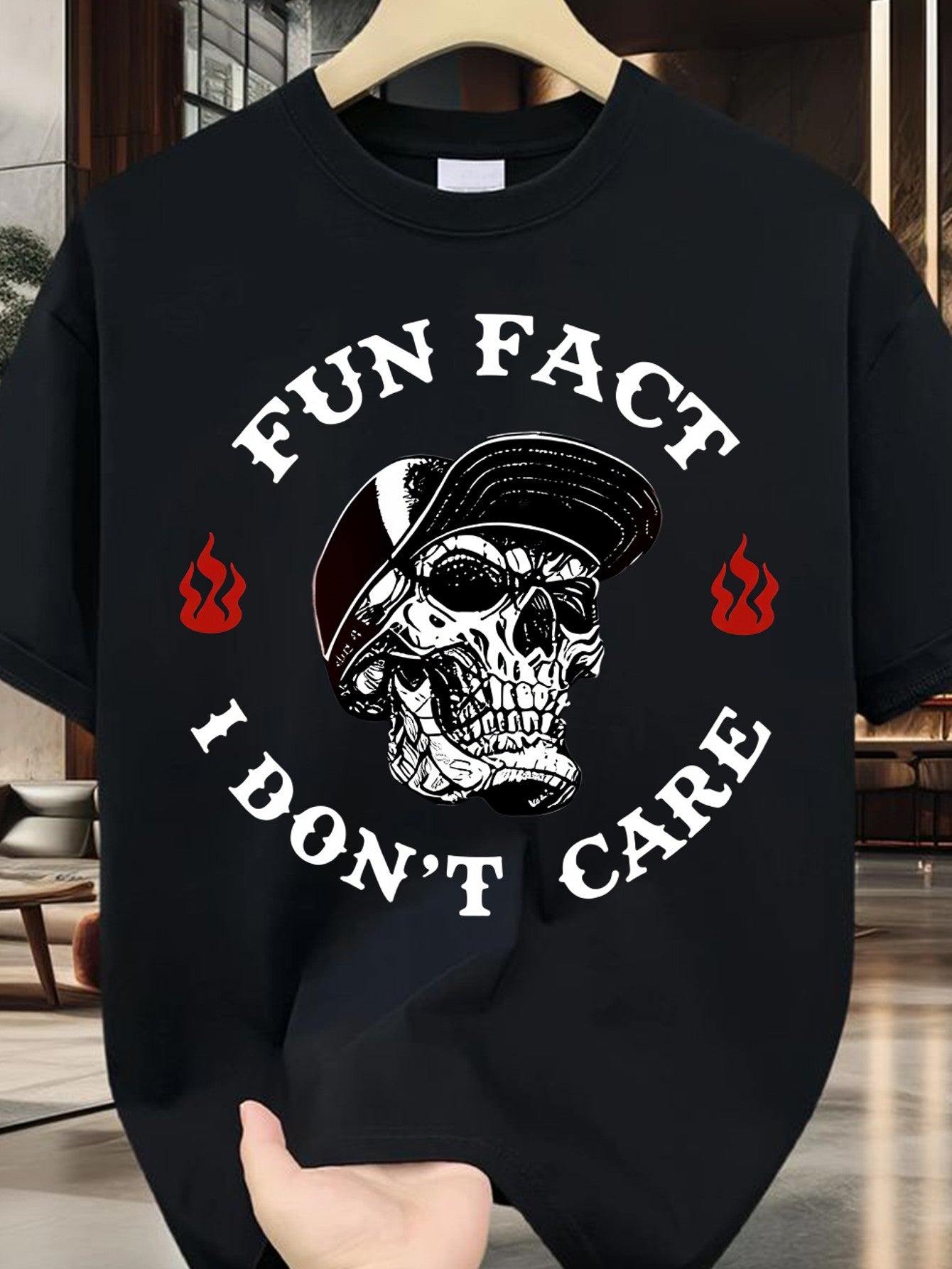 Skull Graphic T-Shirt with Bold 'FUN FACT' and 'I DON'T CARE' Text