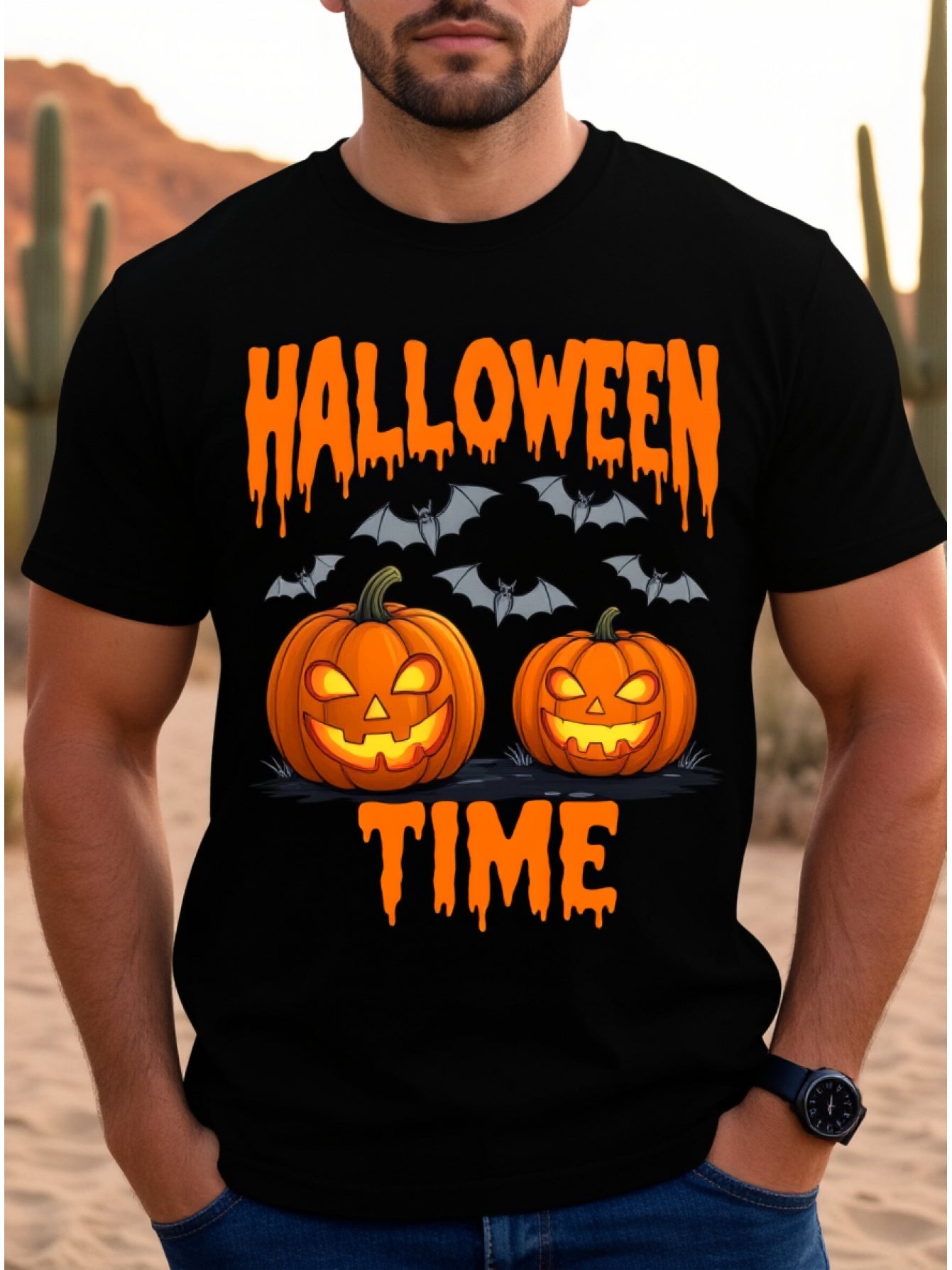 Halloween Time Graphic T-Shirt, Jack O Lantern Pumpkin Bat Drip Letter Print Casual Short Sleeve Crew neck Tee