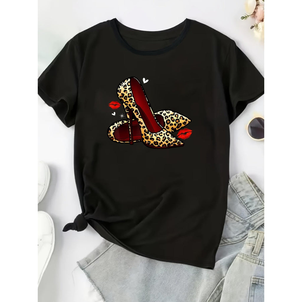 Vibrant Leopard Print Casual Crew Neck Short Sleeve T-Shirt - Soft Mid-Elasticity Polyester Fabric, Regular Length, Perfect for Spring and Summer - Womens Fashionable Crew Neck Top