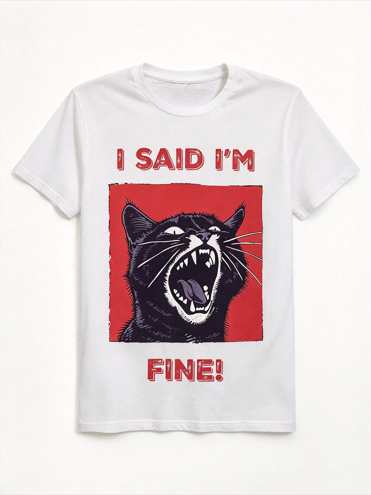 I Said Im Fine Black Cat Print Loose Short Sleeve Tee Punk Rock Crew Neck Top