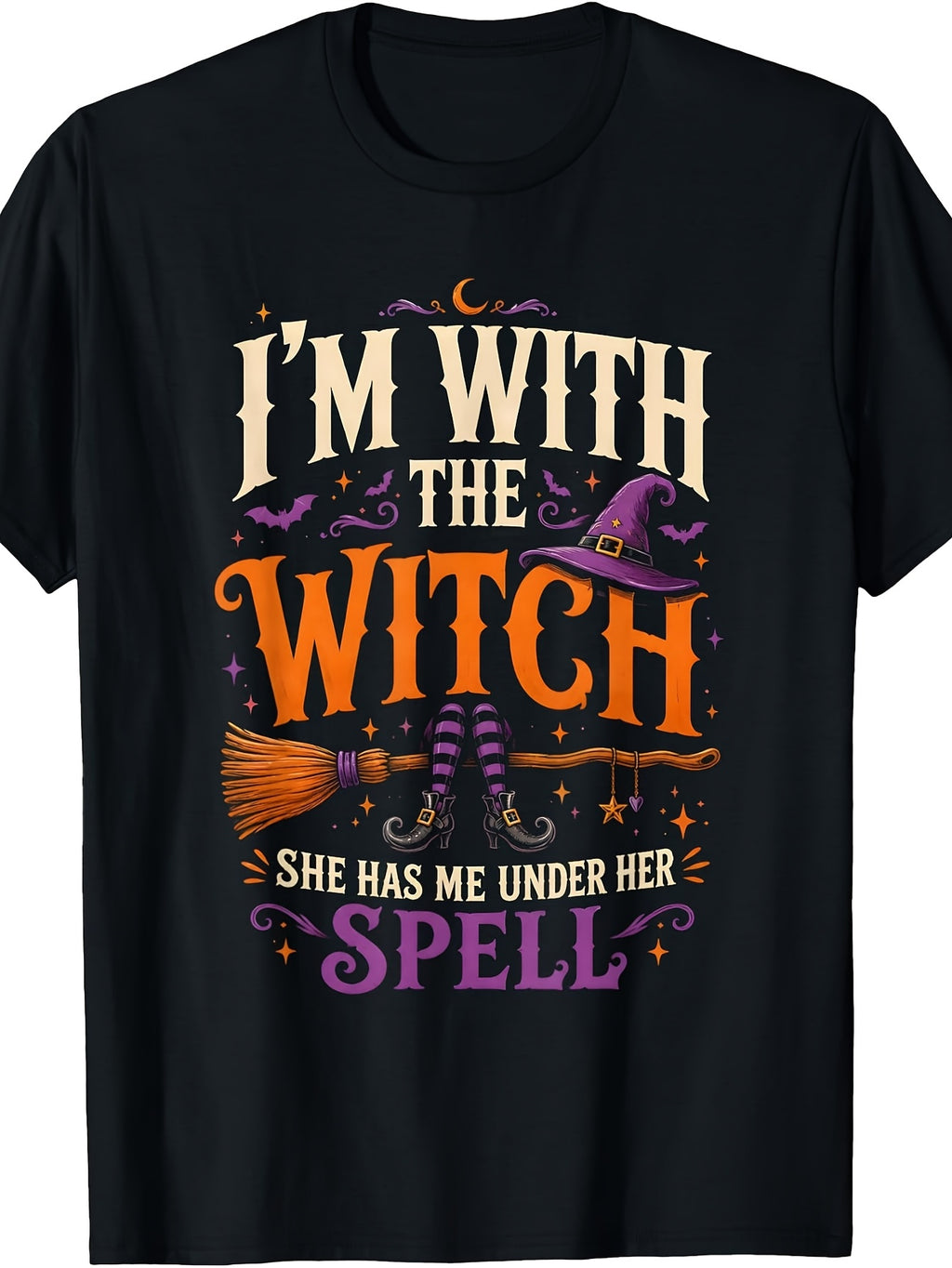 I'm With The Witch T-Shirt, Broom Hat Bat Moon Halloween Graphic Tee