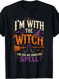 I'm With The Witch T-Shirt, Broom Hat Bat Moon Halloween Graphic Tee