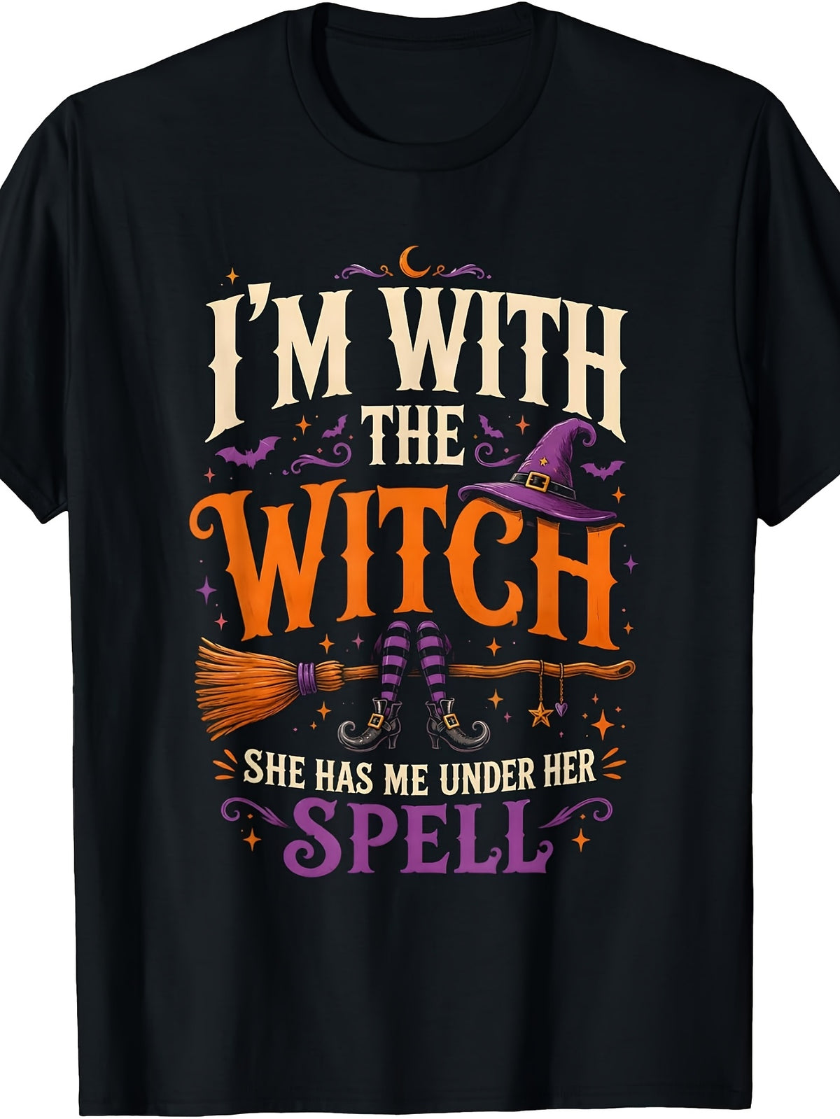 I'm With The Witch T-Shirt, Broom Hat Bat Moon Halloween Graphic Tee