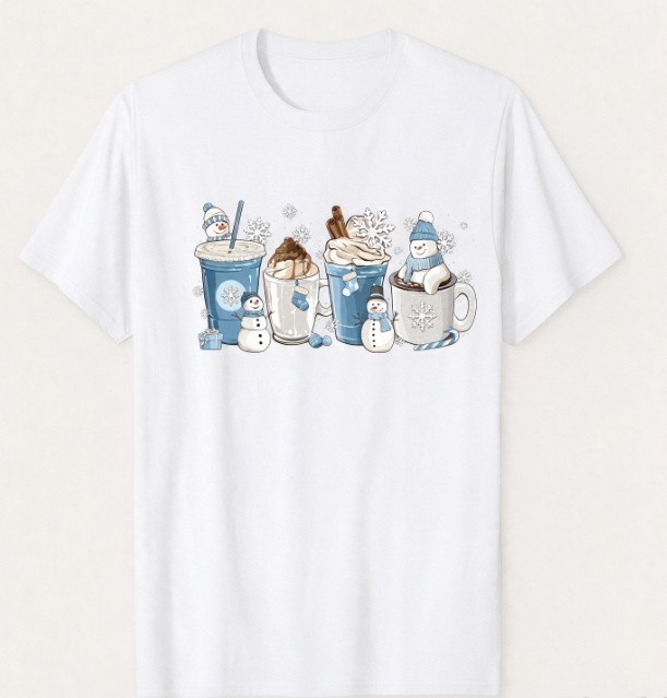 Winter Coffee T-Shirt, Christmas Coffee Cup Graphic Tee, Snowman Hot Cocoa Shirt, Casual Crew Neck Short Sleeve Top, Gift for Coffee Lovers
