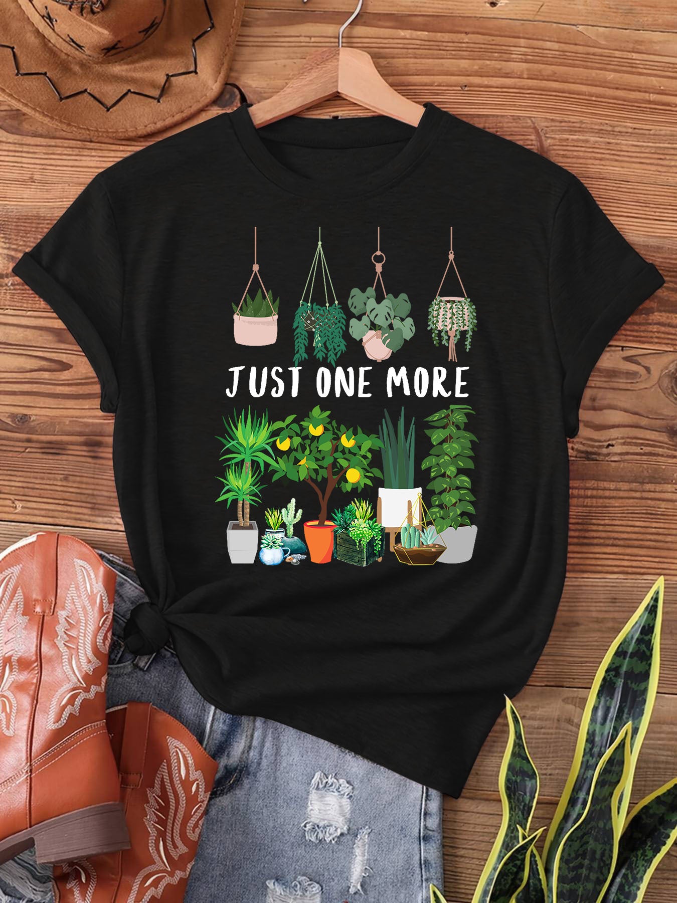 Plant Lover Graphic T-Shirt, “Just One More” Funny Potted Plant Print Tee, Short Sleeve Crew Neck Casual Top for Spring Summer, Women's Indoor Plant Lady Gift