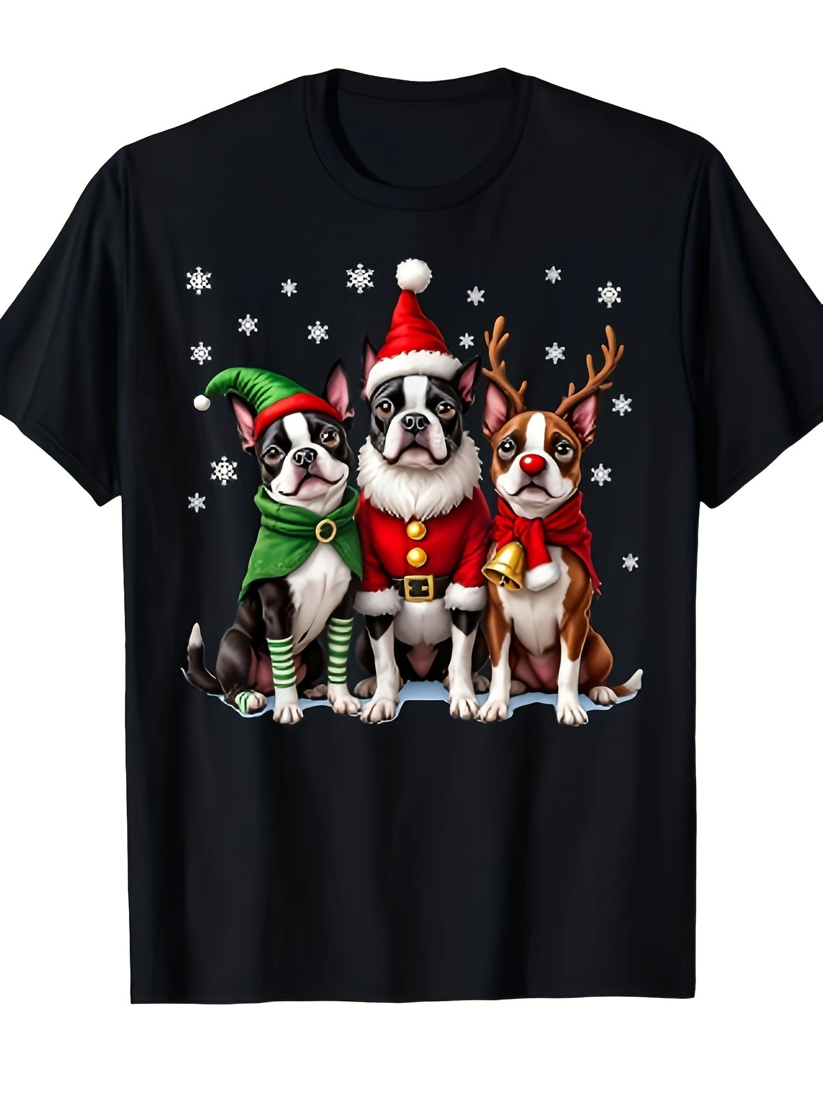 Unisex Pet Holiday Graphic Tee, Boston Terrier Christmas Dogs Santa Elf Reindeer Snowflakes Cute Festive Short Sleeve T-Shirt for Men Women
