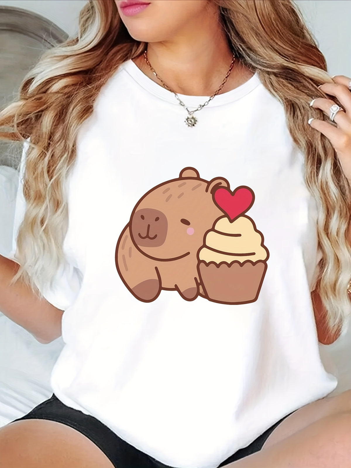 Capybara Graphic Crew Neck Tee Stretch Breathable Summer Short Sleeve Top