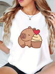Capybara Graphic Crew Neck Tee Stretch Breathable Summer Short Sleeve Top