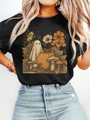 Women's Vintage Ghost Pumpkin Mushroom Floral T-Shirt, Fall Halloween Botanical Graphic Short Sleeve Tee