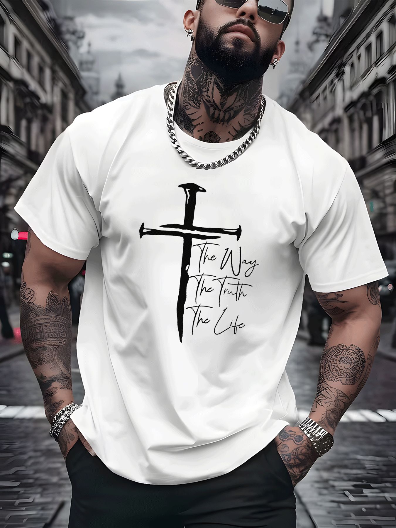 Nail Cross T-Shirt, The Way The Truth The Life Inspirational Christian Quote Short Sleeve Top