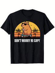 Dont Worry Be Capybara Print Short Sleeve Tee Summer Casual Crew Neck Top