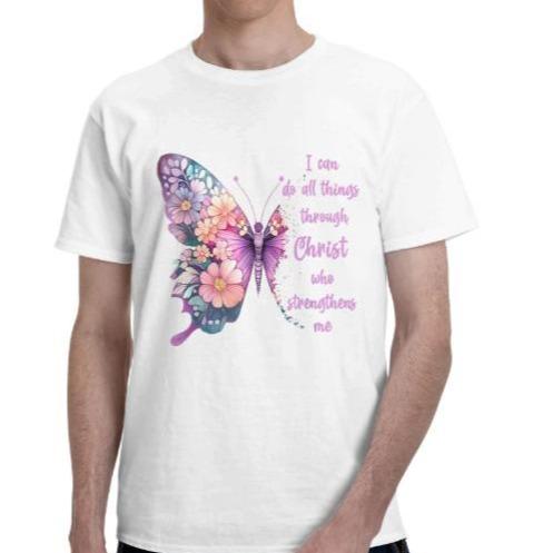 Men's Classic Crew Neck Cotton Casual Tee - Black, "I Can Do All Things Through Christ" Print, Pretty Butterfly Design, Unisex-Adults Fit, Soft, Comfortable