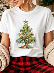 Christmas Short Sleeve TShirt Green Christmas Tree with Colorful Lights And Seashells Print, Cute T-Shirt, 2026 Casual Top