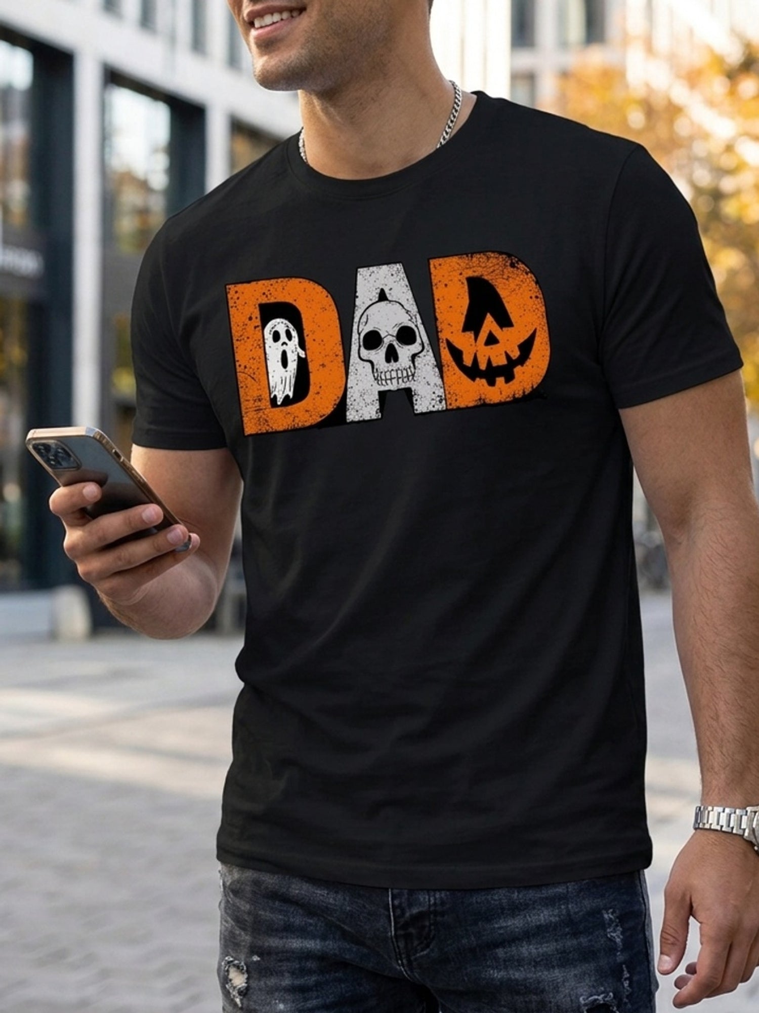 Halloween Dad T-Shirt Spooky Ghost Skull Pumpkin Funny Father Halloween Short Sleeve Tee