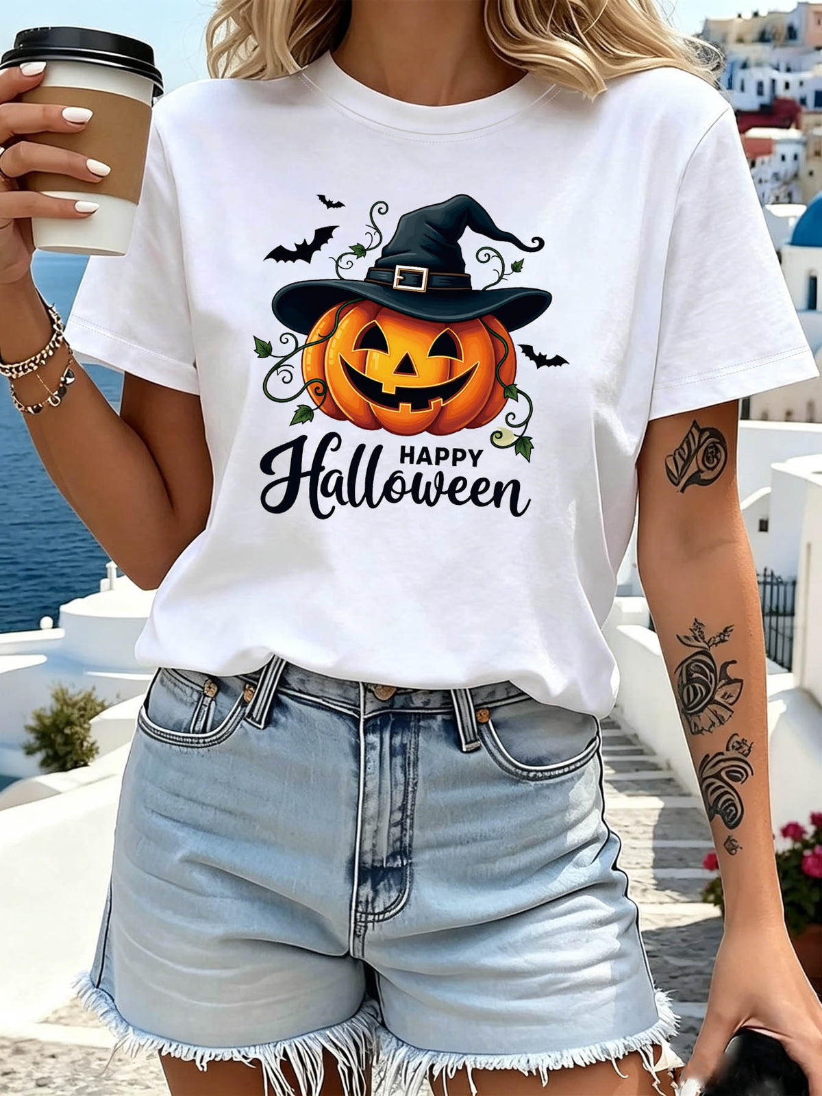 Happy Halloween Graphic TShirt, Jack O Lantern Pumpkin Witch Hat Vine Print Casual Short Sleeve Crewneck Tee
