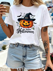 Happy Halloween Graphic TShirt, Jack O Lantern Pumpkin Witch Hat Vine Print Casual Short Sleeve Crewneck Tee