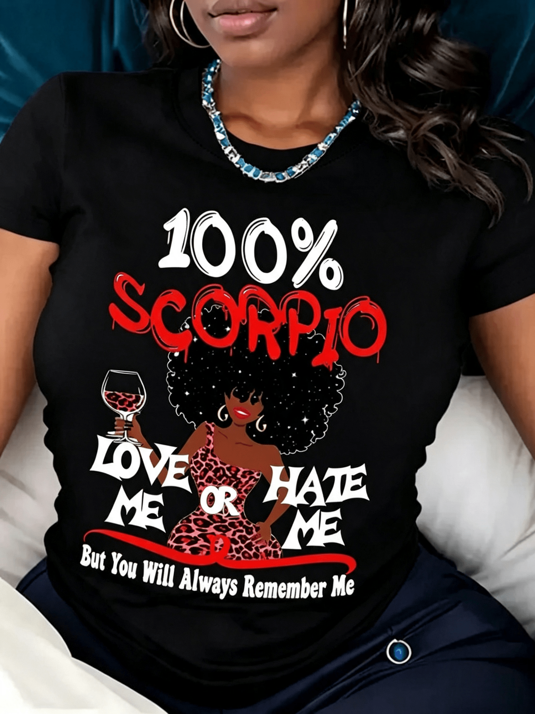 Women 100% Scorpio Zodiac Graphic T-Shirt, Scorpio Horoscope Wine Leopard Print Short Sleeve Crew Neck Casual Tee