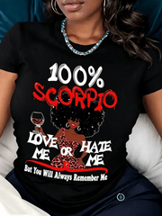 Women 100% Scorpio Zodiac Graphic T-Shirt, Scorpio Horoscope Wine Leopard Print Short Sleeve Crew Neck Casual Tee