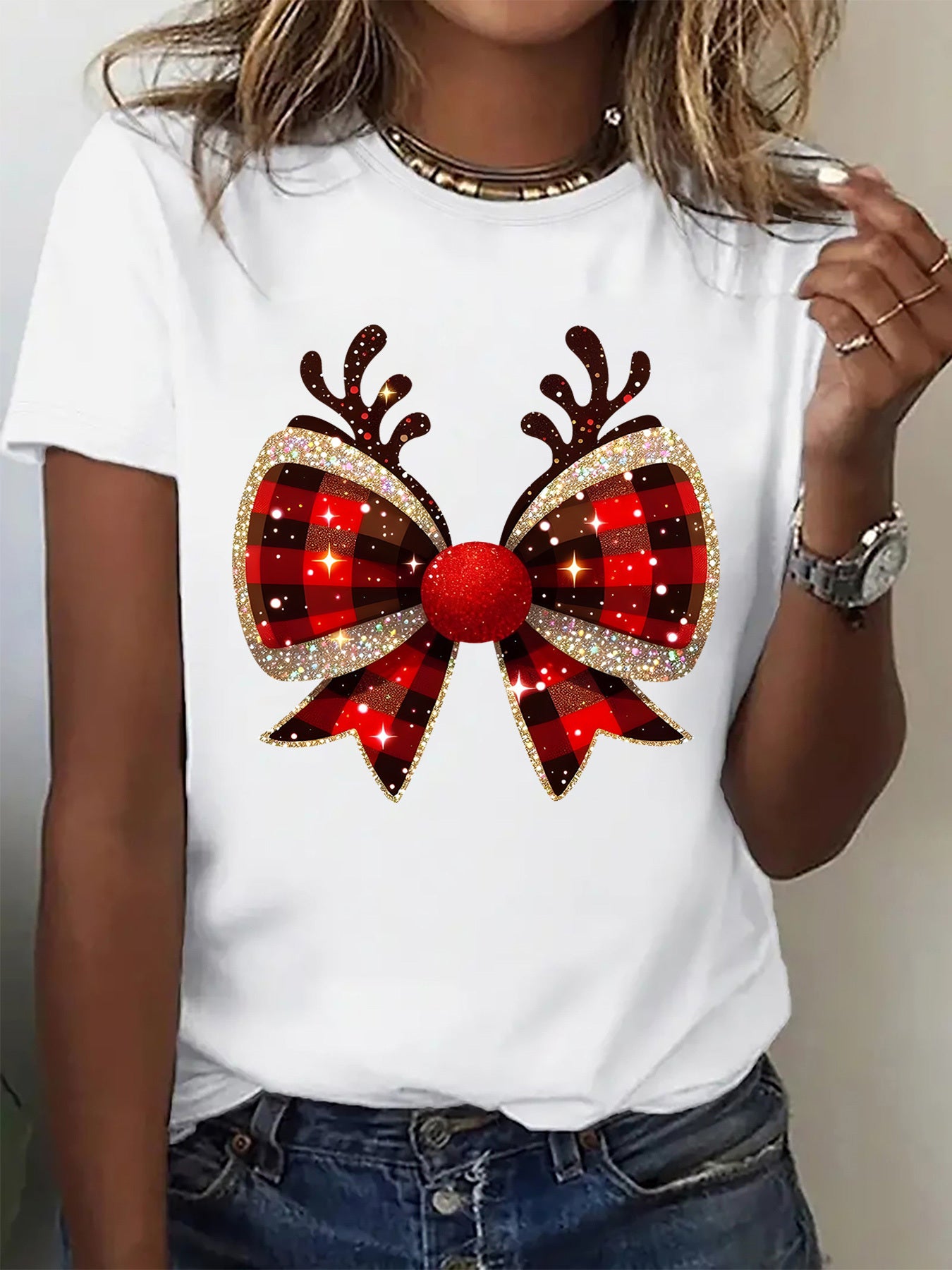 Christmas Buffalo Plaid Bow Reindeer Antlers Graphic T-Shirt, Sparkly Holiday Xmas Tee