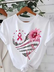 Breast Cancer Awareness, Pink Ribbon And Flower Design, Pure Cotton T-Shirt