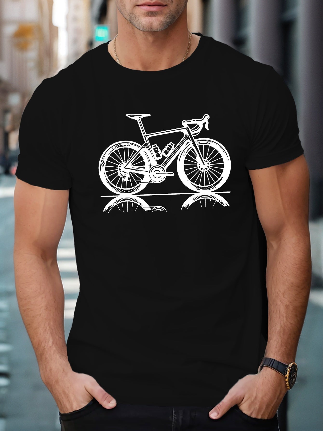 Men's Road Bike Graphic T-Shirt, Bicycle Reflection Print Crew Neck Short Sleeve Tee, Summer Casual Cycling Top for Bike Lovers