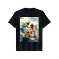 Men's Black T-Shirt with Surfing Cat & Shark Design - Casual Crew Neck, Short Sleeve, Casual Attire, Surfing T Shirt