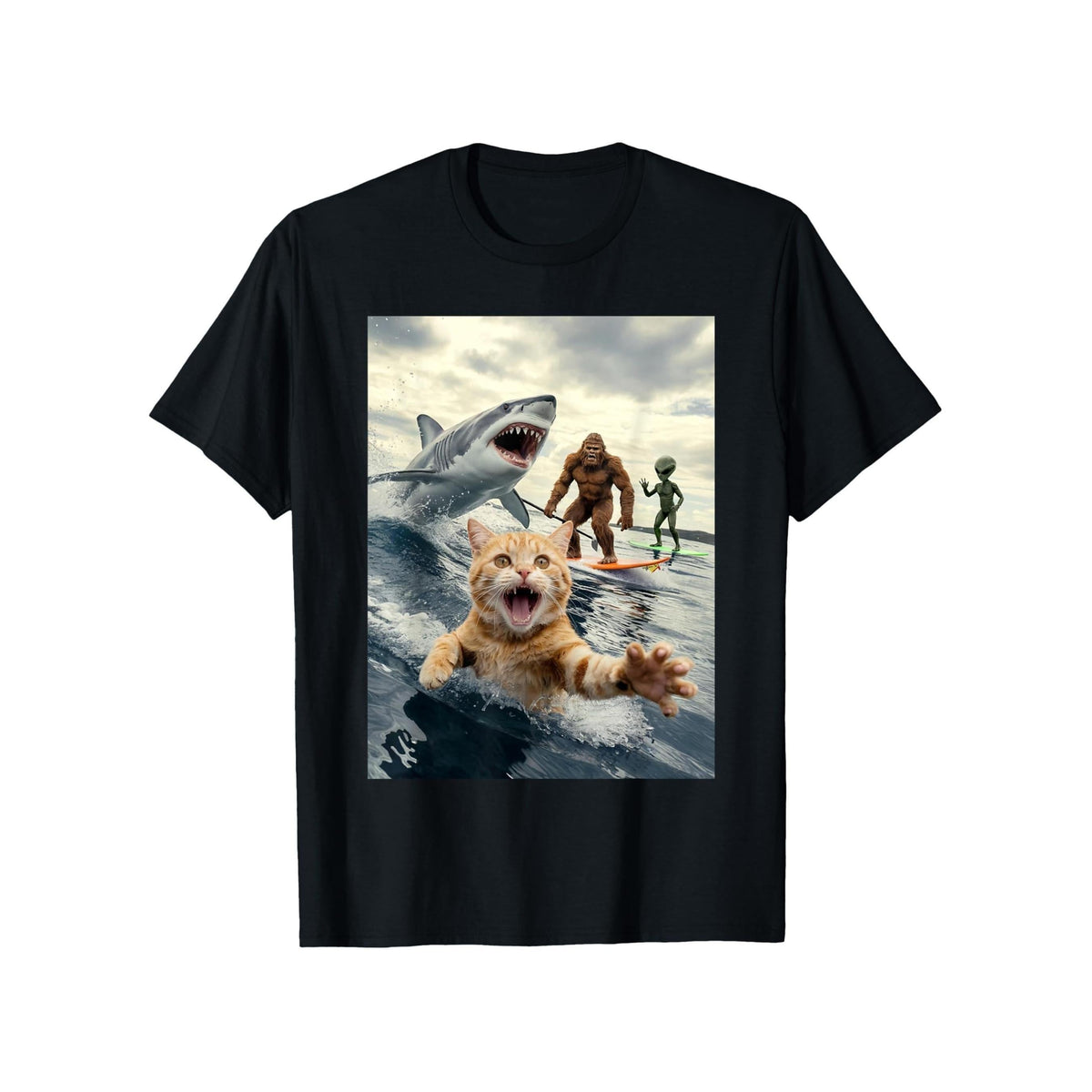 Men's Black T-Shirt with Surfing Cat & Shark Design - Casual Crew Neck, Short Sleeve, Casual Attire, Surfing T Shirt