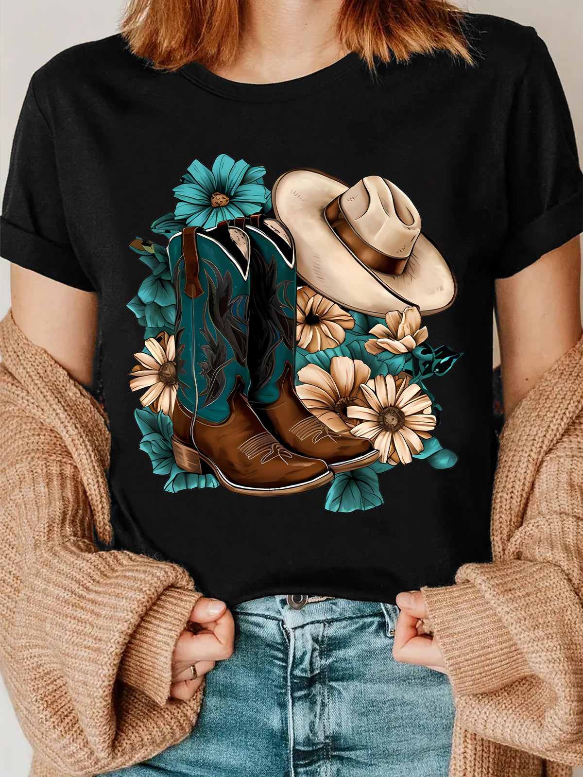 Women's Western Cowgirl Print T-Shirt, Cowboy Boots and Hat Graphic Tee, Turquoise Flower Country Style Crew Neck Short Sleeve Casual Top