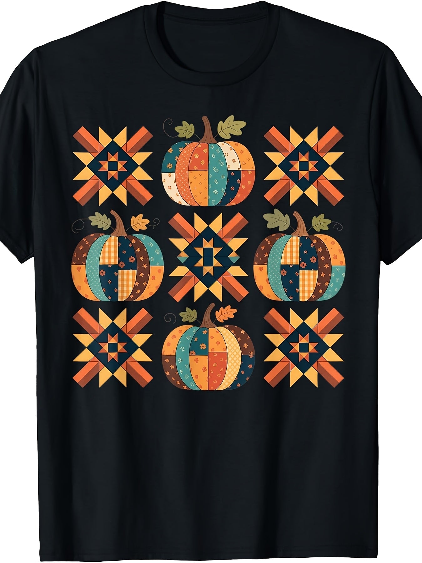 Patchwork Quilter Fall Pumpkin Quilt Block Autumn Graphic Tee for Men Women, Cute Quilting Lover Short Sleeve T-Shirt, Casual Crew Neck Top for Quilter Gift
